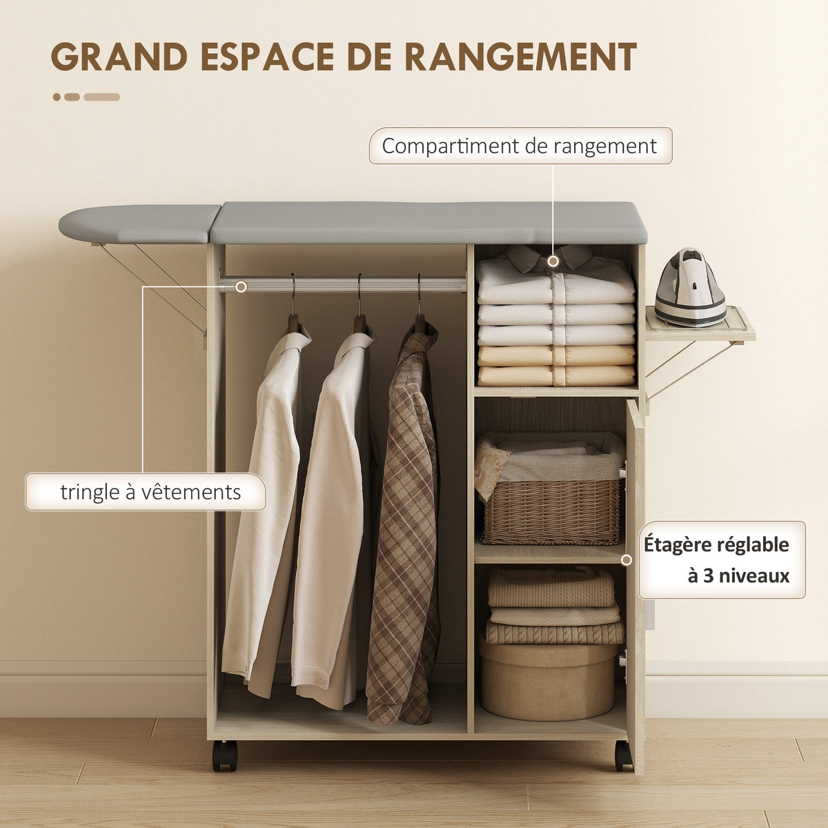Armoire à repasser sur roulettes, table à repasser pliante, étagère réglable, barre de suspension, 127x42,5x99cm naturel-5