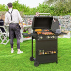Barbecue gaz 3+1 brûleurs en acier, puissance 9,5 kW, barbecue de jardin 2 grilles étagères latérales, 2 roues, noir-9