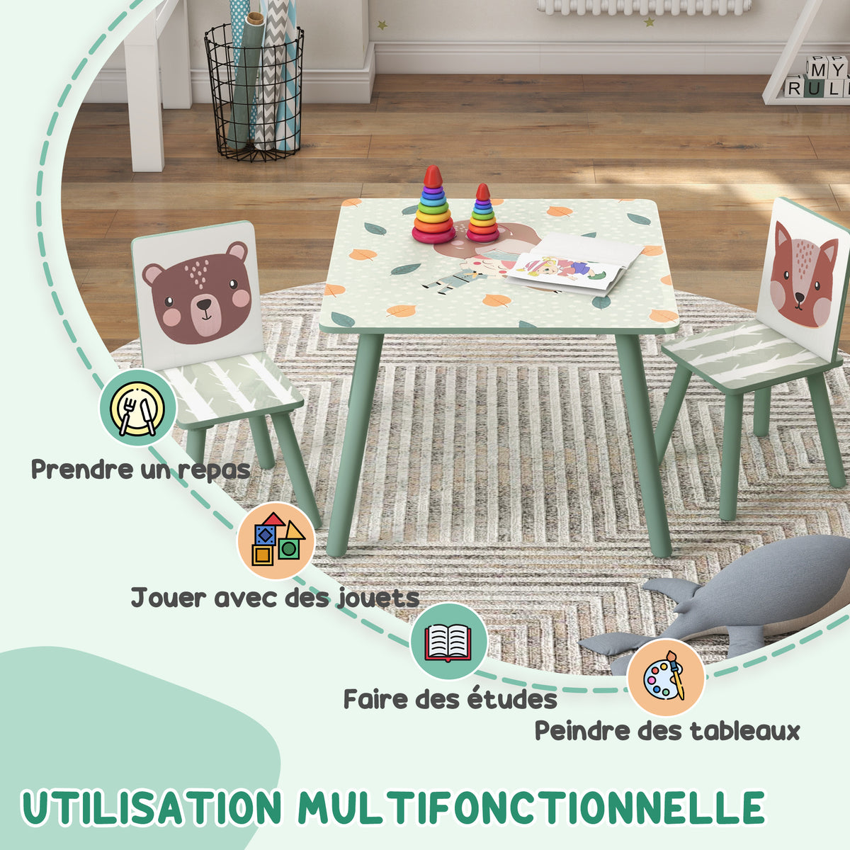 Table et 2 chaises pour enfants 3-8 ans ensemble 3 pièces motif animaux pour chambre à coucher salle de jeux vert-3