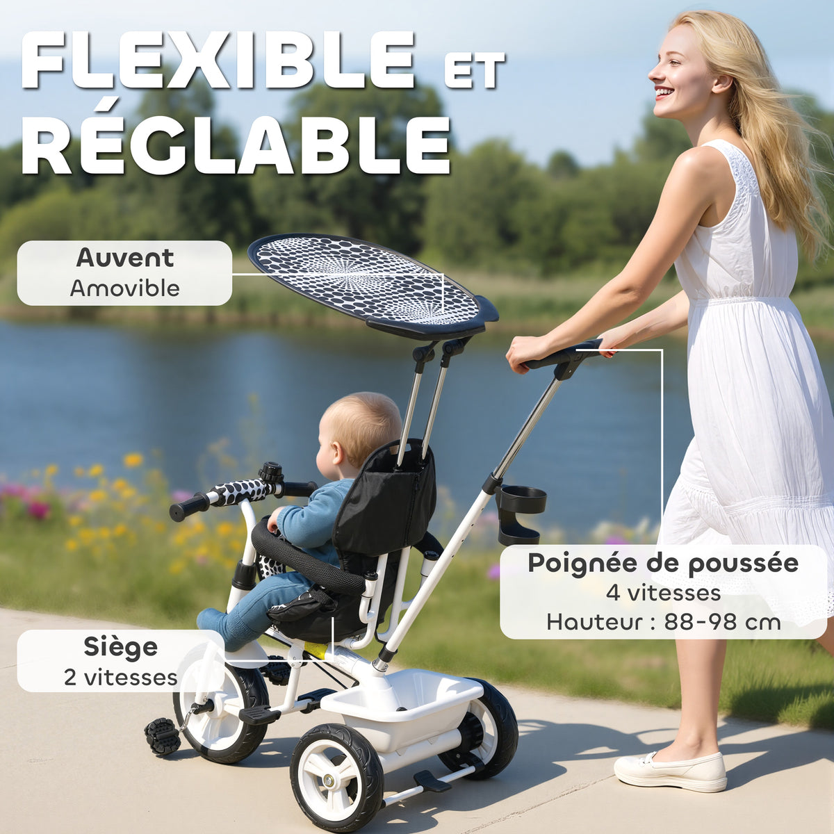 Tricycle Enfants Pare-Soleil Pliable Canne Amovible Benne Rangement 105 x 47 x 98 cm Acier Blanc et Noir-4