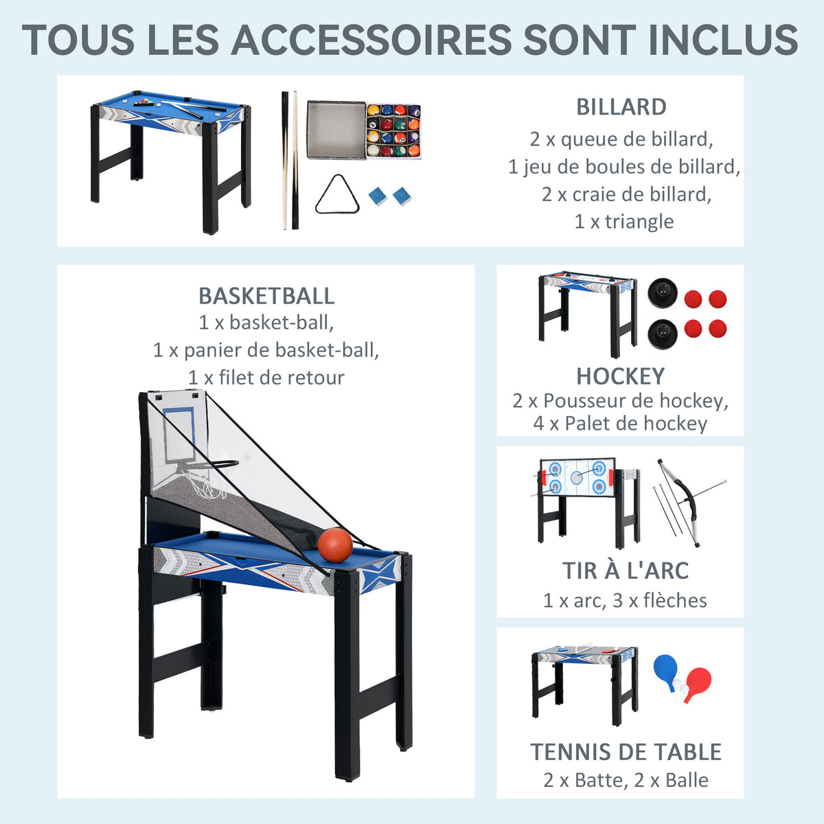 Mini Table de jeux multifonctions 5 en 1, Billard, ping-pong, jeu de palets, mini basket, tir à l'arc, bleu-4