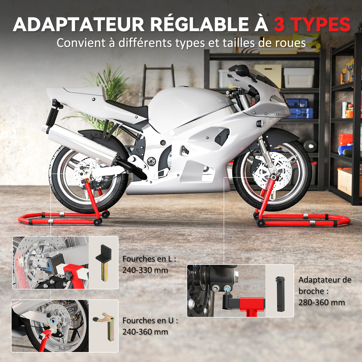 Béquille Moto, Capacité 390 kg, Support Avant et Arrière Réglable avec Fourches U+L, Clips de Serrage, 43x36x64cm, Rouge-4
