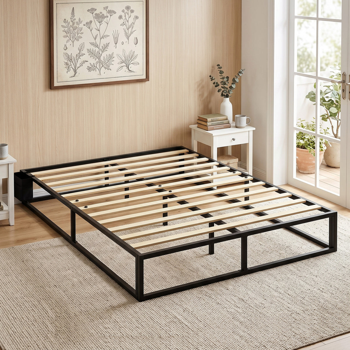 Cadre de Lit 140 x 190 cm avec Sommier, Lit Double avec Pochette de Rangement, Support à Lattes en Bois, Noir-1