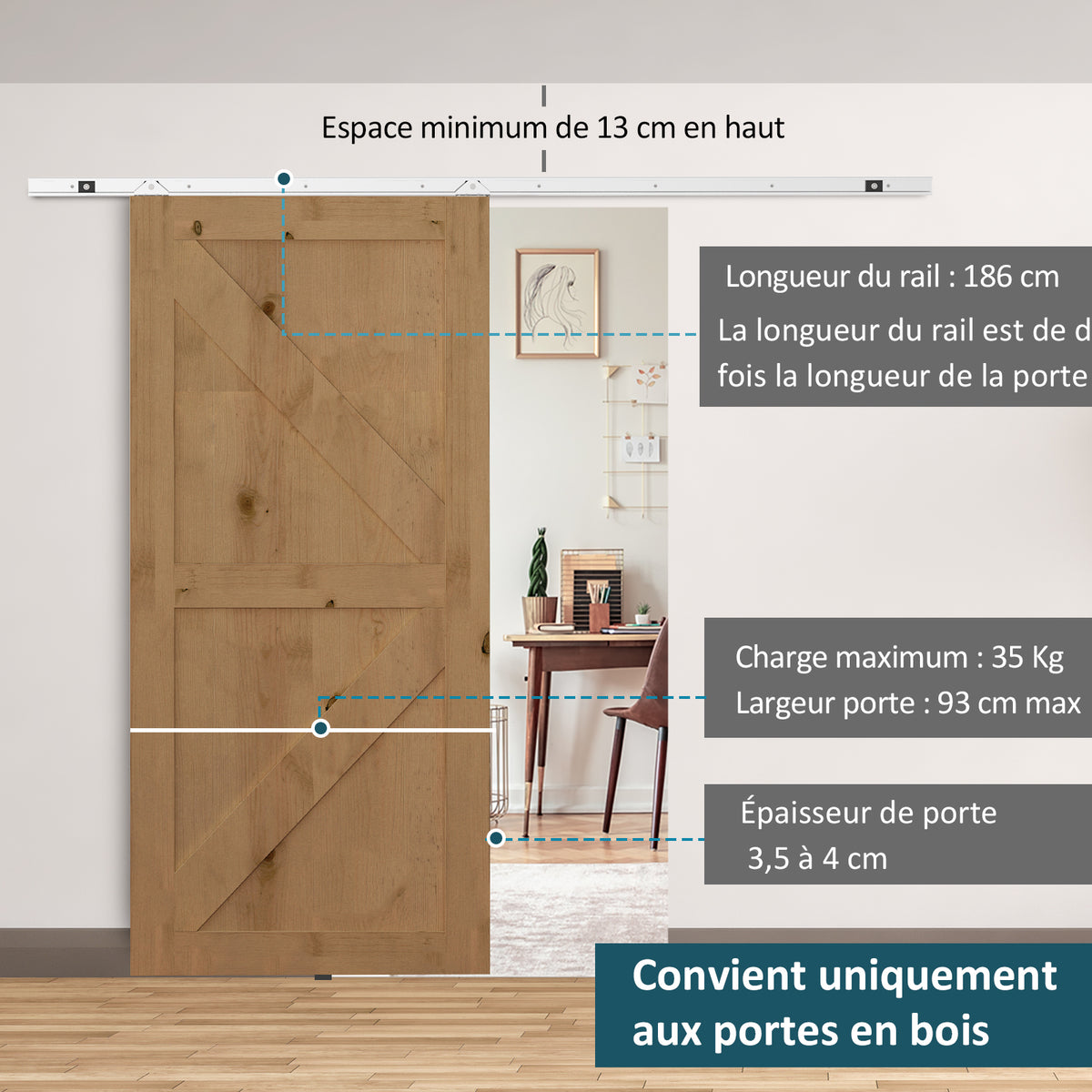 Kit complet porte coulissante 4 x 93 cm (p x l): rail, roulettes, visserie-3