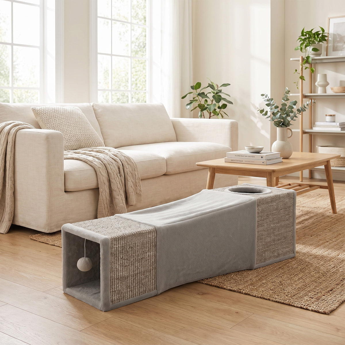 Tunnel pour chat intérieur jouets pour chats avec balle suspendue entrées multiples en sisal 98 x 30 x 30 cm gris-1