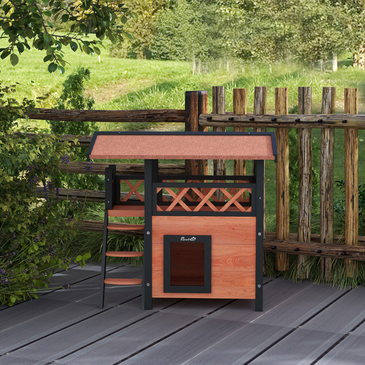Cabane Chat Extérieur avec Terrasse, Escalier, Toit, Niche Villa, 77 x 50 x 73 cm Marron et Rouge-7