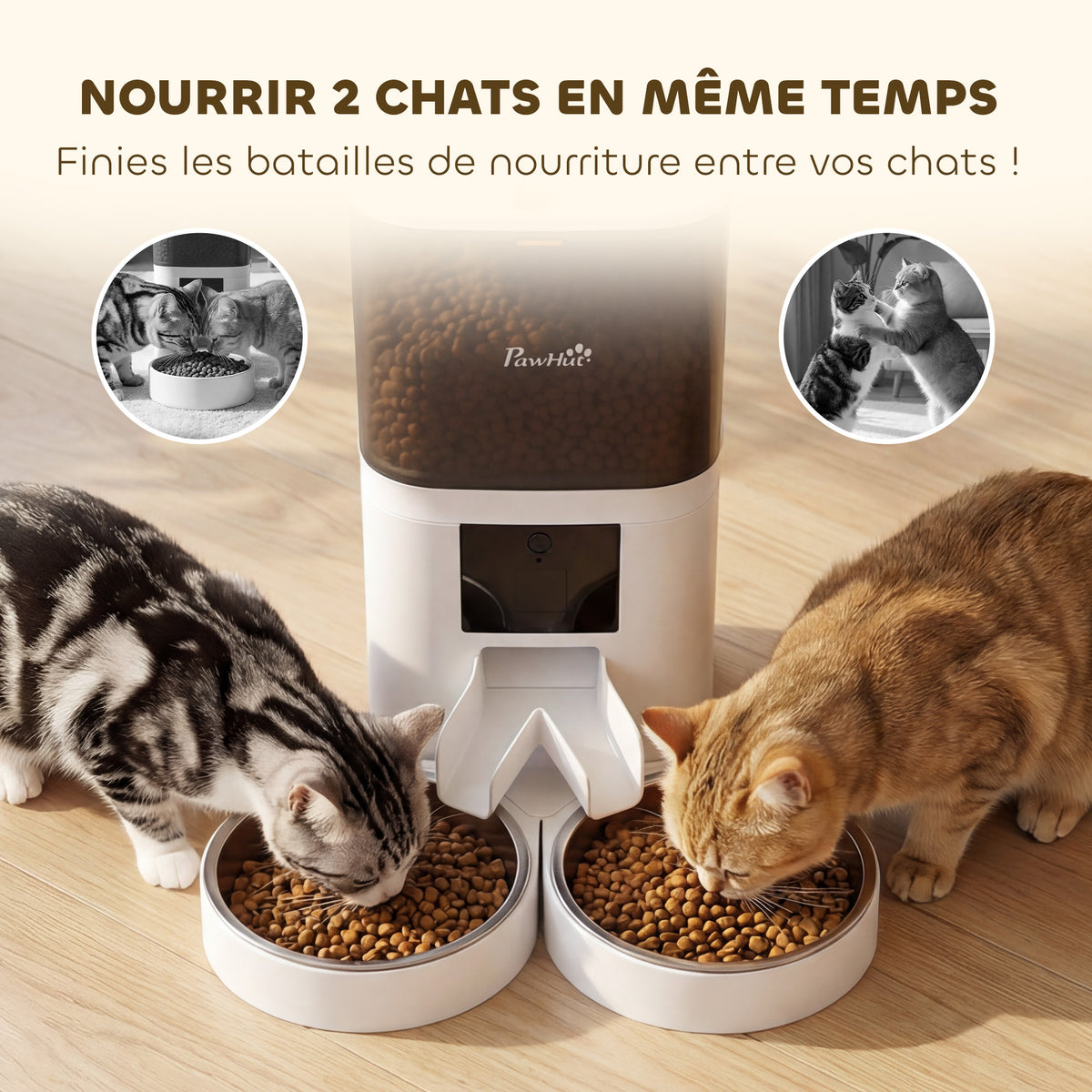 Distributeur Croquettes Chat Automatique 2 Animaux 6L Double Bol Inox WiFi Tuya App ABS 37x36x35cm Blanc-5