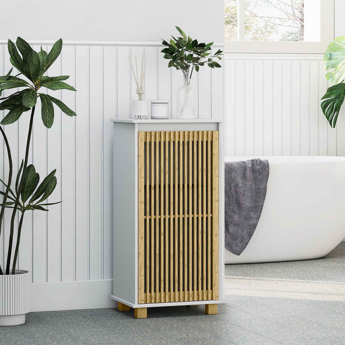 Meuble salle de bain avec panier à linge, porte à lattes en bambou et sac amovible, blanc et effet bois naturel-9