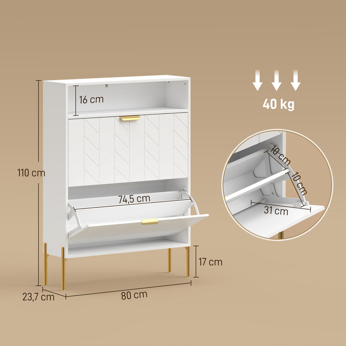 Meuble à chaussures 16 paires, armoire à chaussures étroite avec 2 tiroirs rabattables, compartiment ouvert, blanc-2