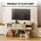 Meuble TV suspendu meuble télé pour téléviseur 50 pouces tiroir étagères passe-câbles 120x24x22,4cm effet bois naturel-5