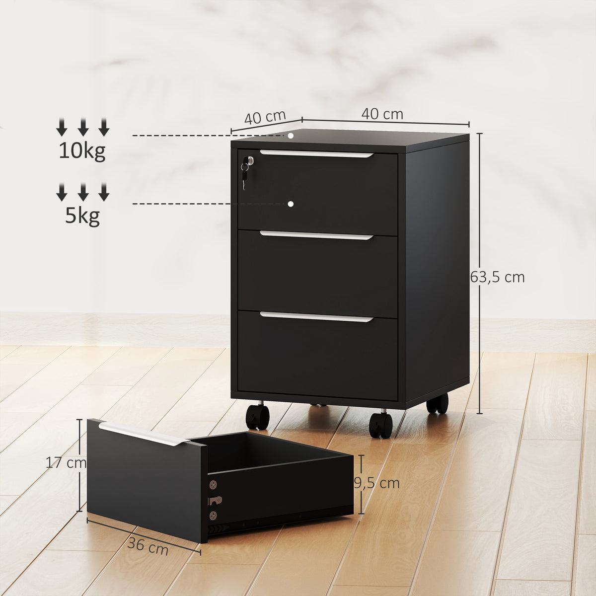 Caisson de bureau à roulettes avec 3 tiroirs et serrure, meuble rangement bureau sur roulettes, 40 x 40 x 63,5 cm, noir-2