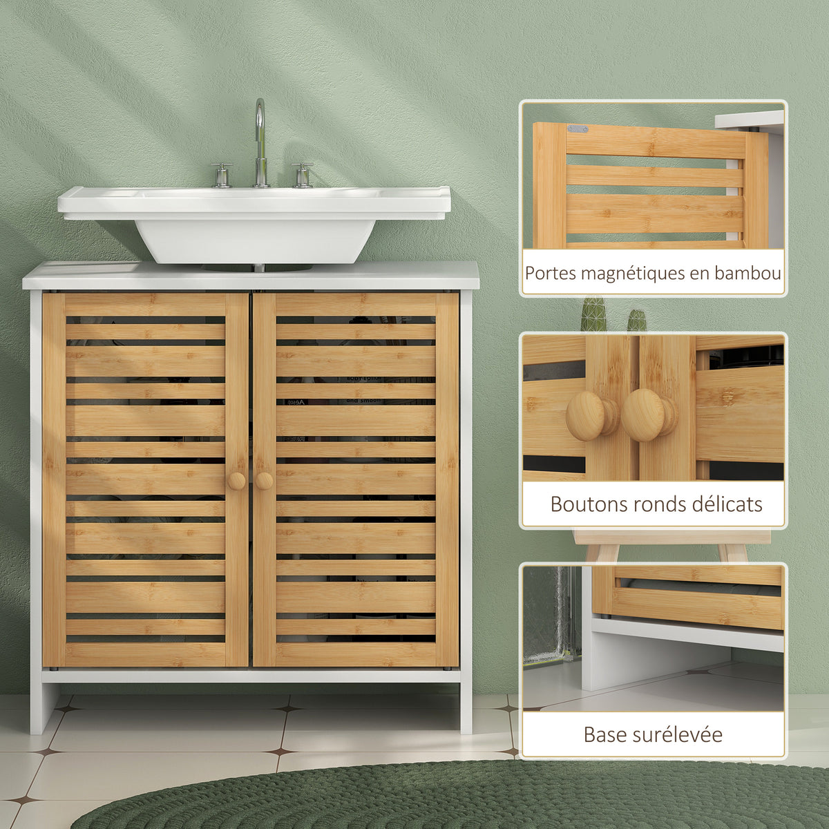 Meuble sous vasque de salle de bain 2 portes étagère réglable armoire de rangement pour lavabo 60x30x60 cm bambou blanc-5