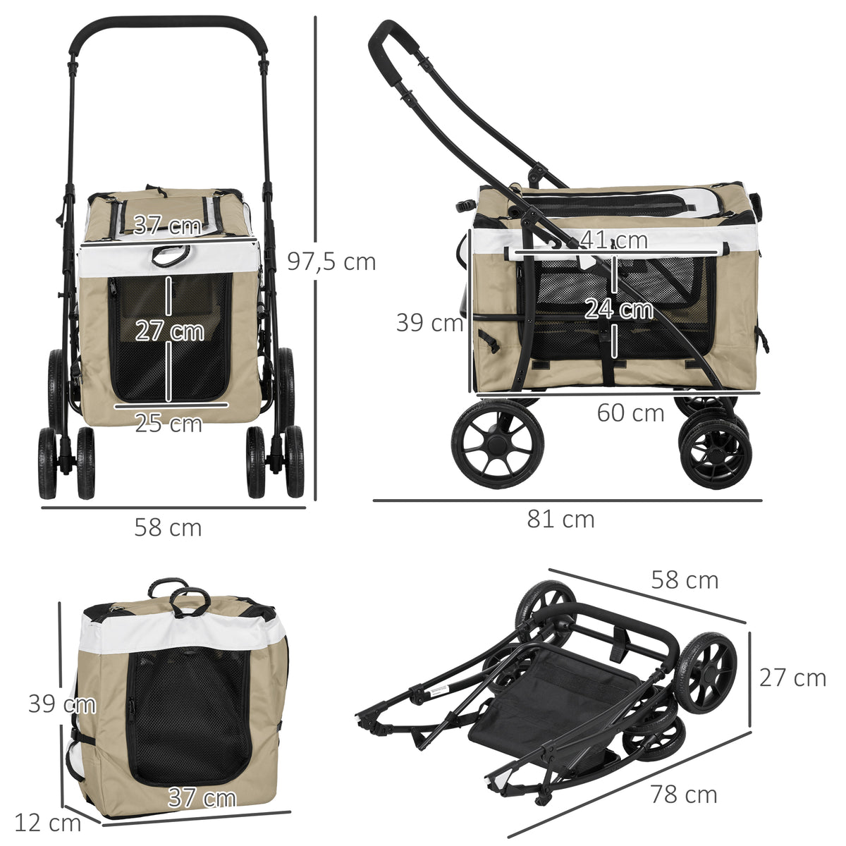 Poussette pliable animaux chien chat nacelle amovible bandoulières 4 roues 81 x 58 x 97,5 cm kaki-2