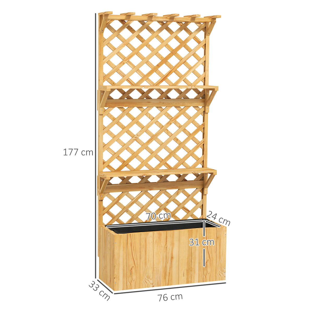 Jardinière avec treillis lit surélevé de jardin en bois avec toit suspendu, trous de drainage et doublure, naturel-2