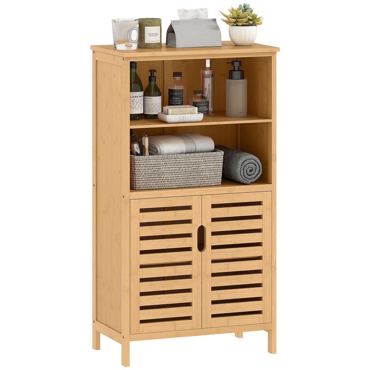 Meuble de rangement salle de bain en bambou avec 2 portes ajourées et 2 compartiments 50 x 29 x 92 cm naturel-0