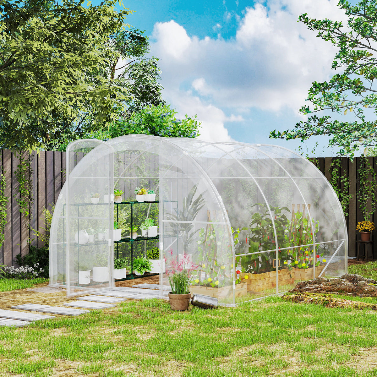 Serre de jardin tunnel 3 x 3 x 2 m 9 m² avec porte à charnières bâche en PE 150 g/m² pour Légumes Plantes Fleurs-1