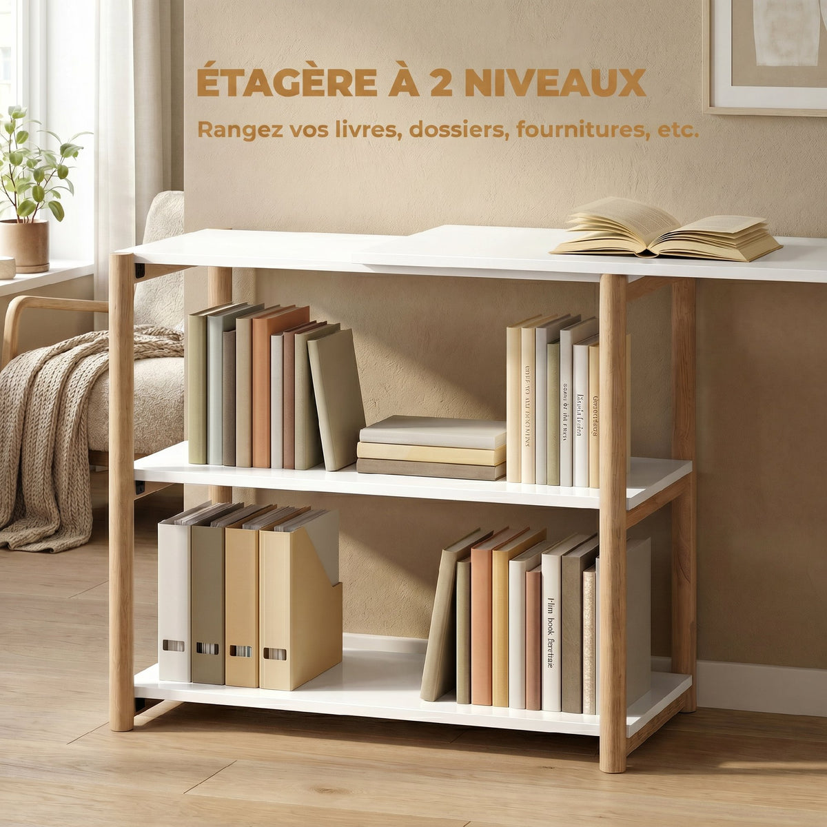Bureau pliable, bureau d'ordinateur moderne avec étagères de rangement et cadre en bambou, blanc et chêne-4