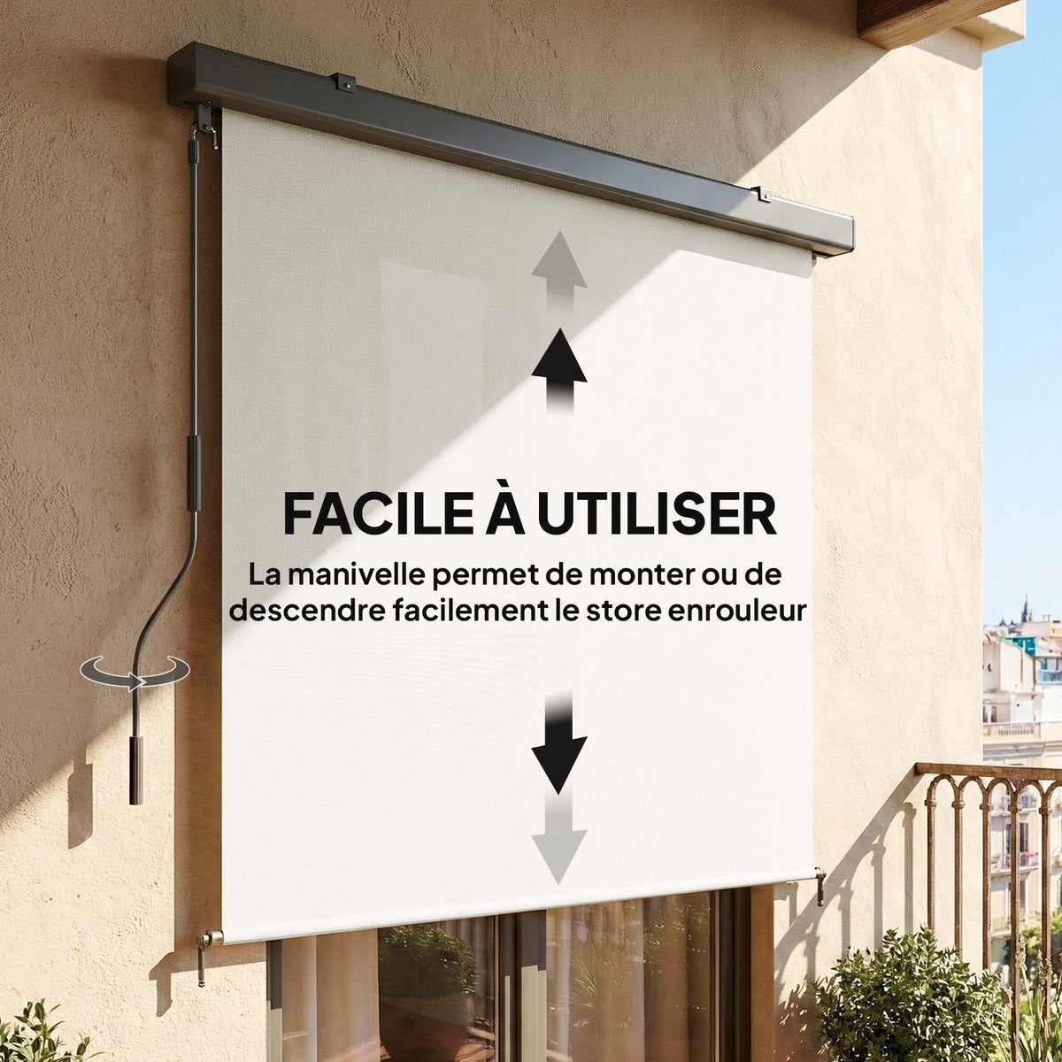 Store enrouleur extérieur, store vertical extérieur avec manivelle et cassette en aluminium, 250x160cm, crème-3