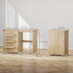 Table de couture pliante meuble couture à abattant avec bacs de rangement, étagère ouverte et roulettes, bois naturel-2