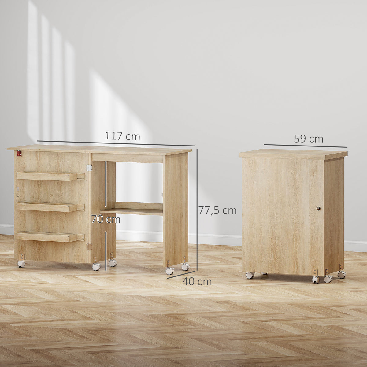 Table de couture pliante meuble couture à abattant avec bacs de rangement, étagère ouverte et roulettes, bois naturel-2
