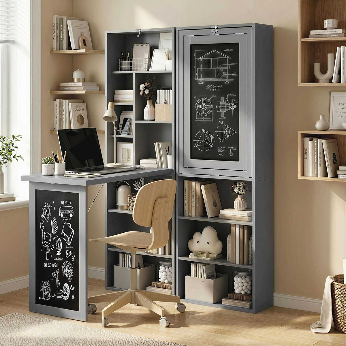 Bureau avec rangement pliable murale rabattable avec bibliothèque poste de travail tableau à craie et étagère réglable-1