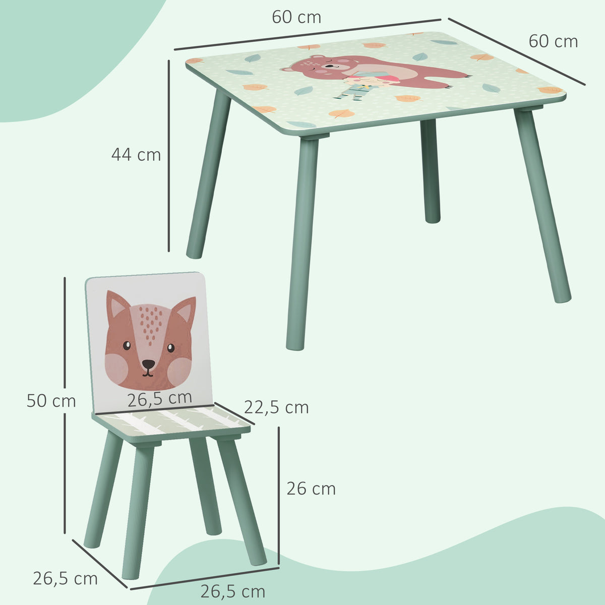 Table et 2 chaises pour enfants 3-8 ans ensemble 3 pièces motif animaux pour chambre à coucher salle de jeux vert-2