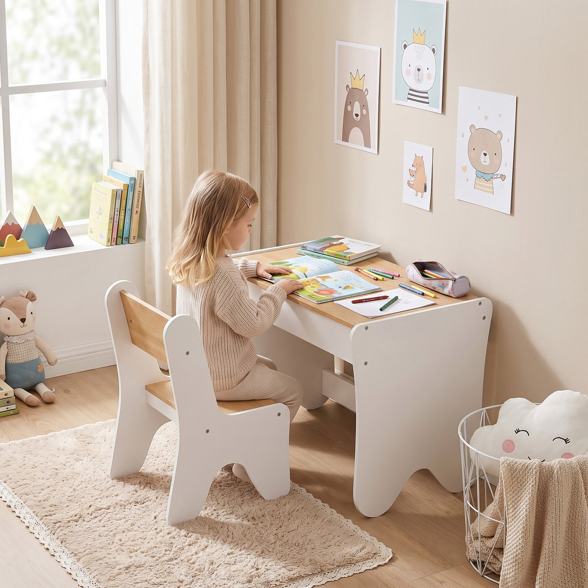 Bureau et Chaise pour Enfant 2 Pièces, Ensemble Table d'Activité avec Tiroir, 3 à 8 Ans, Blanc et Bois Naturel-1