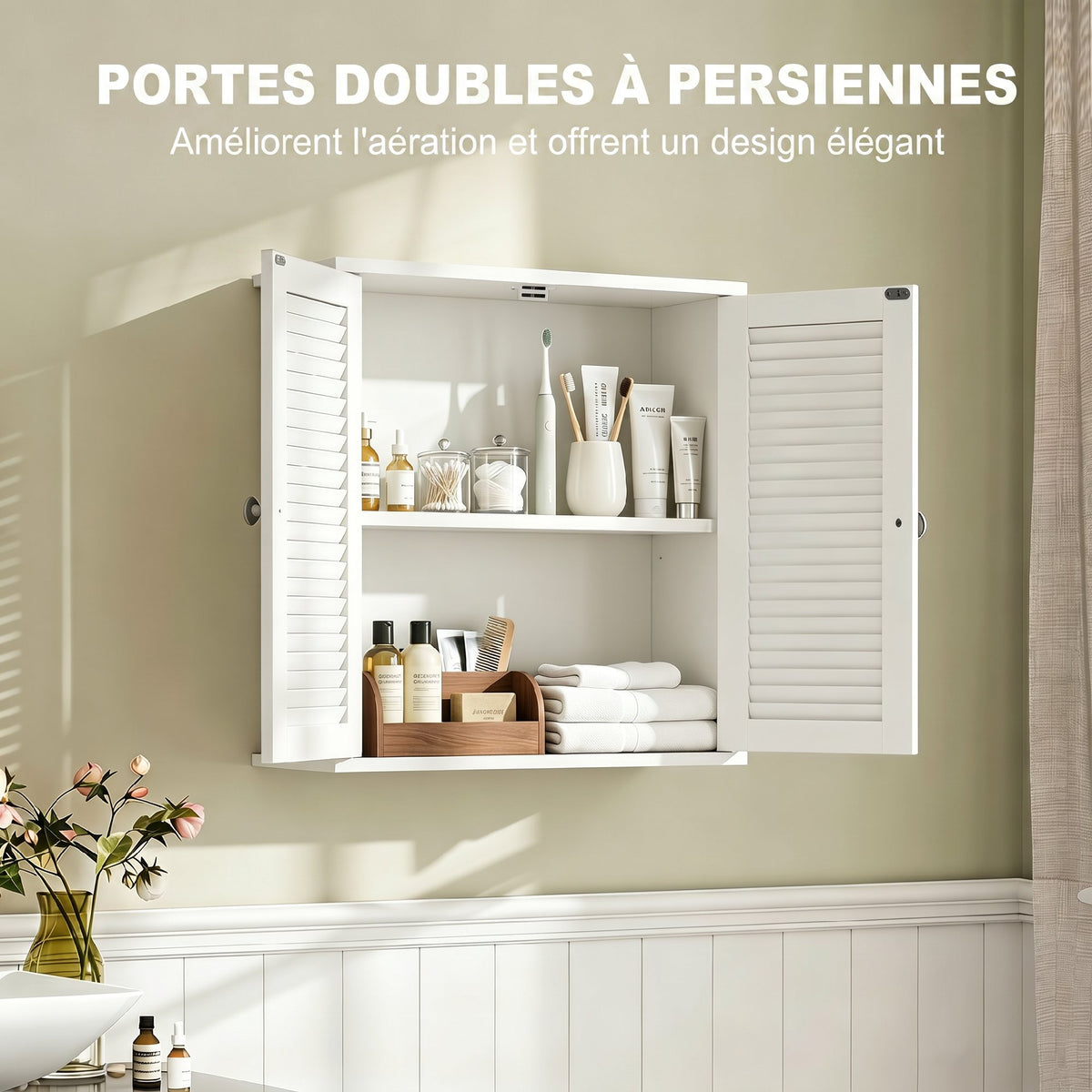 Armoire murale de salle de bain, meuble de rangement suspendu avec 2 portes persiennes et étagère réglable, blanc-3