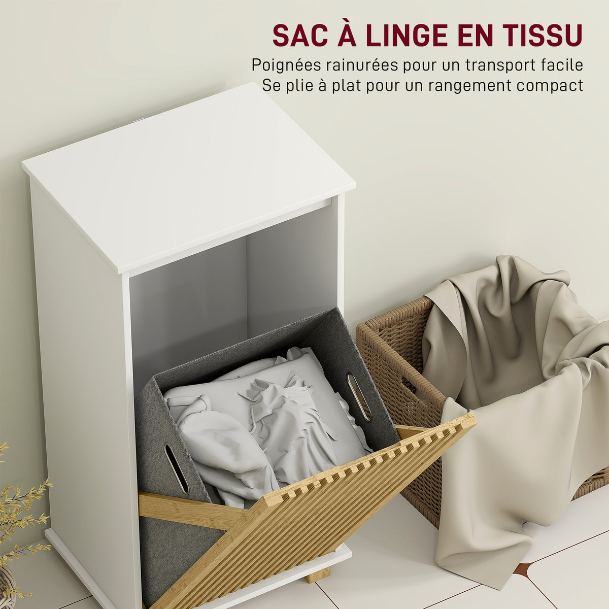 Meuble salle de bain avec panier à linge, porte à lattes en bambou et sac amovible, blanc et effet bois naturel-4