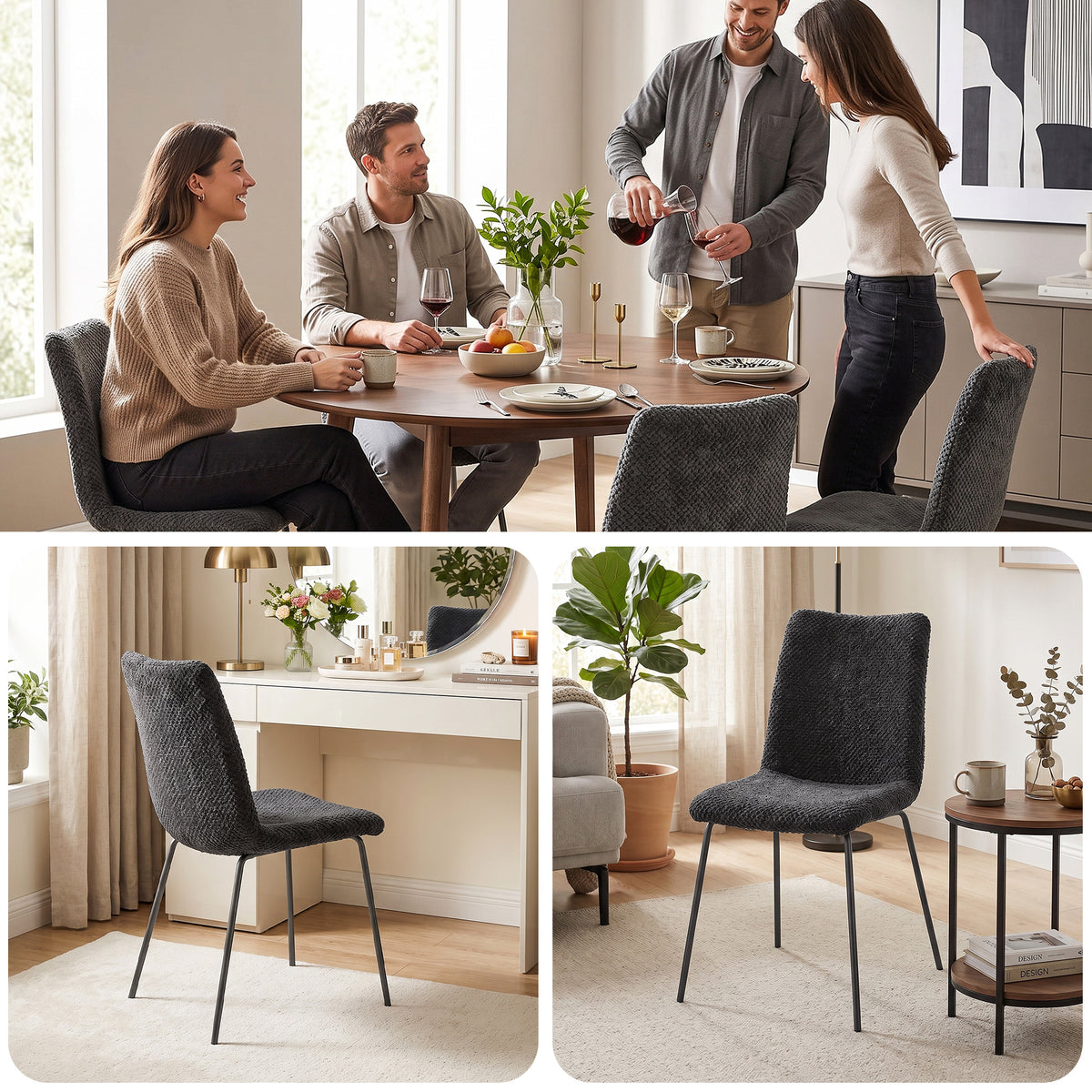 Lot de 2 Chaises de Salle à Manger, Chaises Cuisine Rembourrées en Velours, Dossier Incurvé, Pieds en Métal, Gris Foncé-6