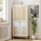 Buffet haut cuisine, armoire de cuisine avec 4 portes, 2 tiroirs et étagères réglables, 80x35x170cm, blanc et chêne-7