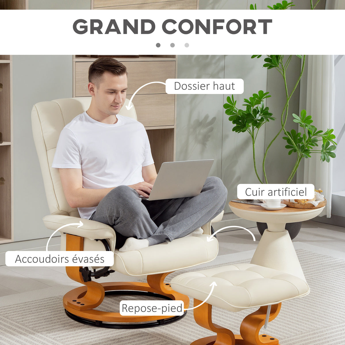 Fauteuil de relaxation inclinable avec repose-pied, pivotant, cadre en bois , revêtement synthétique crème-5