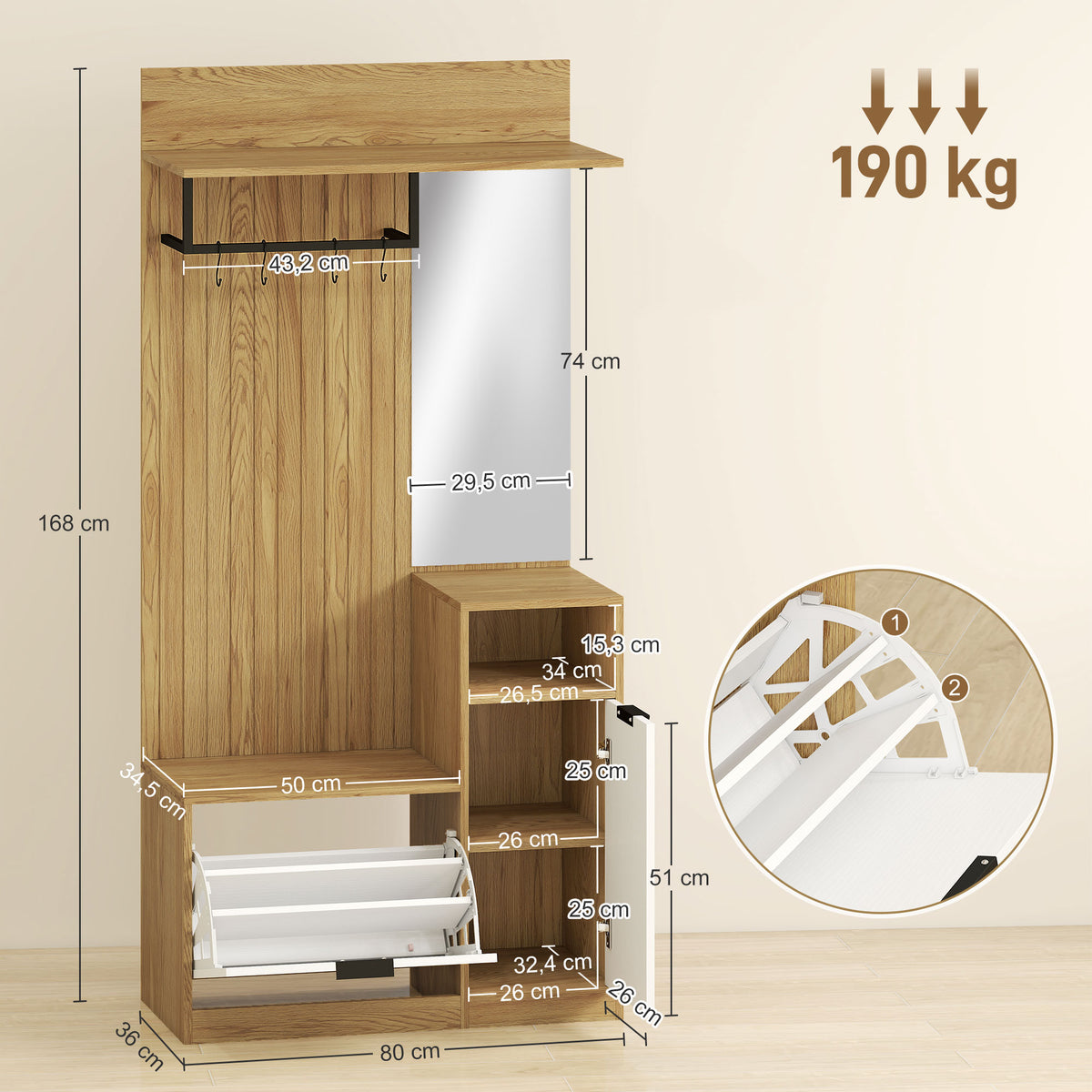Meuble d'entrée 6 en 1, vestiaire d'entrée avec banc à chaussures rabattable, miroir, 80x36x168cm, chêne-2