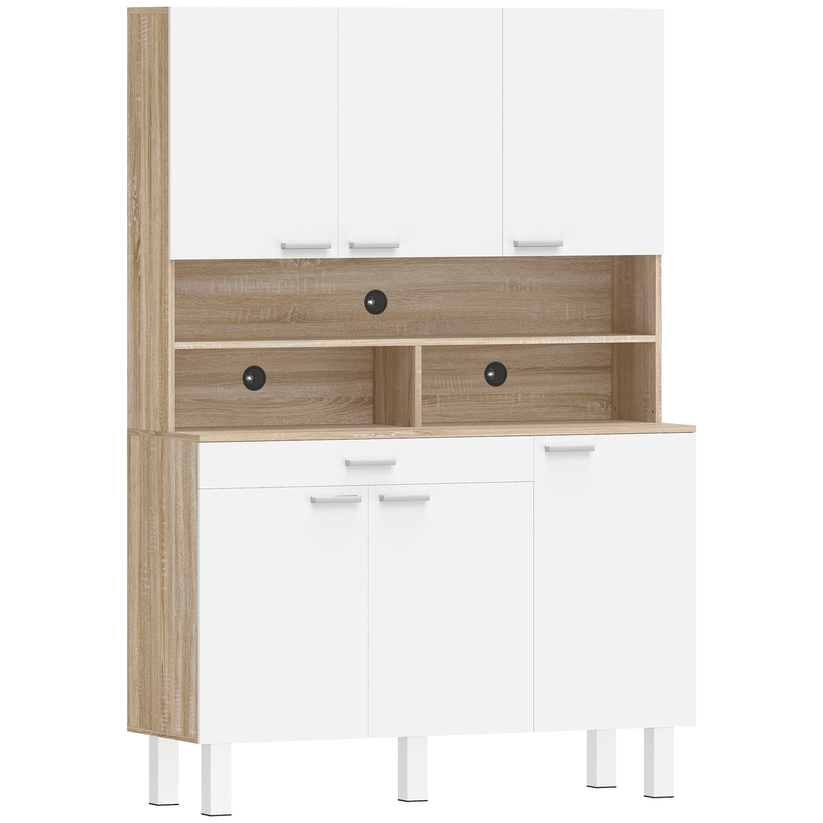 Buffet haut cuisine, armoire de cuisine, 6 portes, tiroir et étagères ouvertes, 120x40x175cm, blanc et bois naturel-0