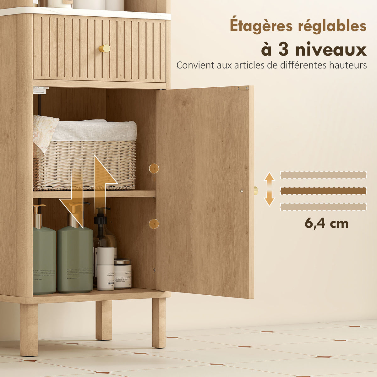 Armoire salle de bain haute meuble de rangement colonne avec tiroir coulissant silencieux 2 placards 41,5x30x168cm chêne-5