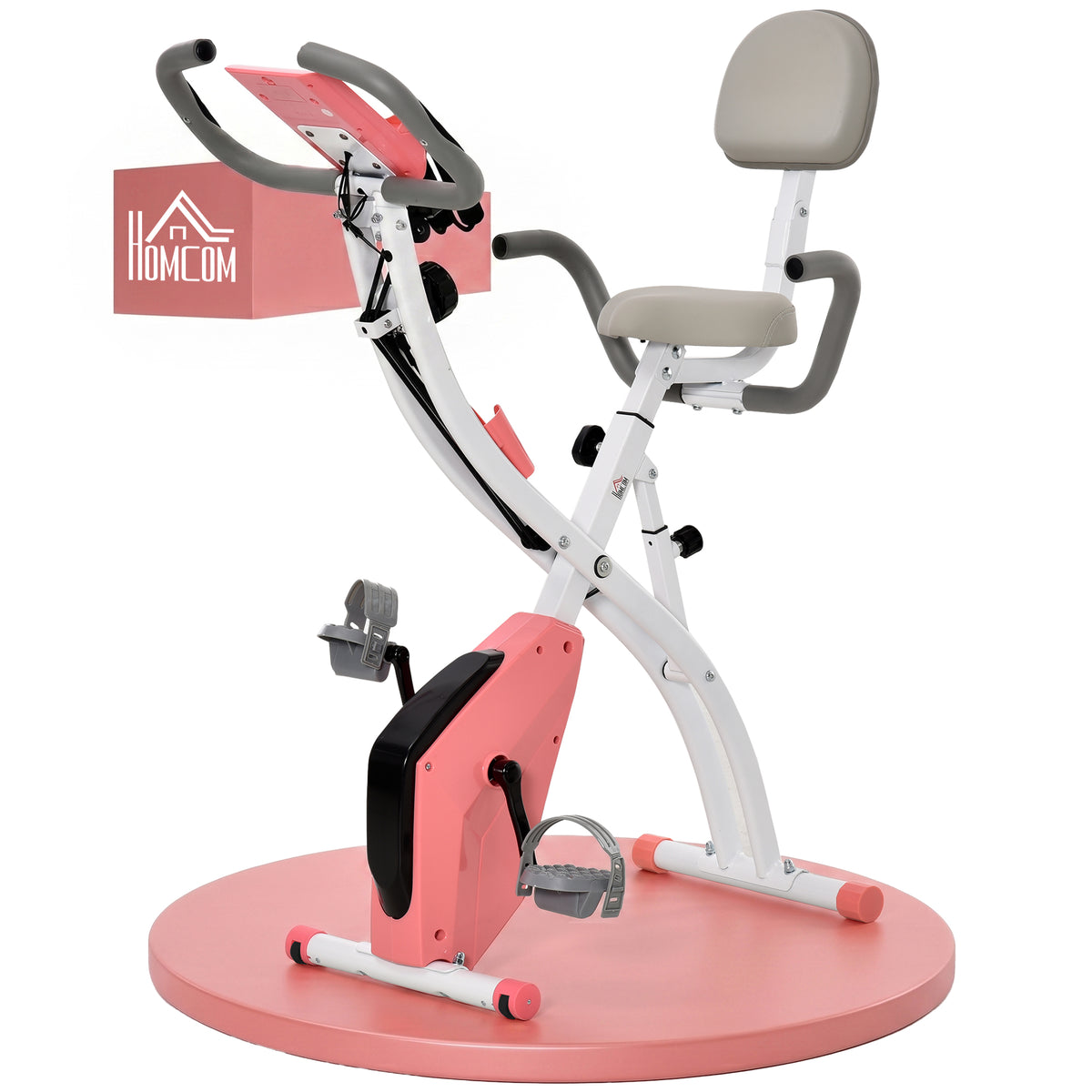 Vélo d'Appartement Pliable 4-en-1 - Ergomètre Magnétique Silencieux avec Cordes de Résistance - Sport Maison et Cardio-training avec Roulettes, Selle Confort et LCD (Max 120kg), Rose-0
