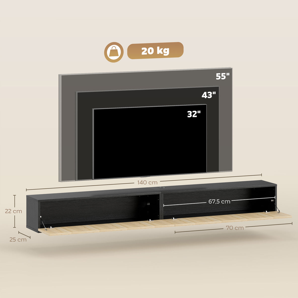 Meuble TV suspendu 140cm, meuble télé pour téléviseur 72 pouces, 2 portes rabattables, 140x25x22cm, bois naturel et noir-2