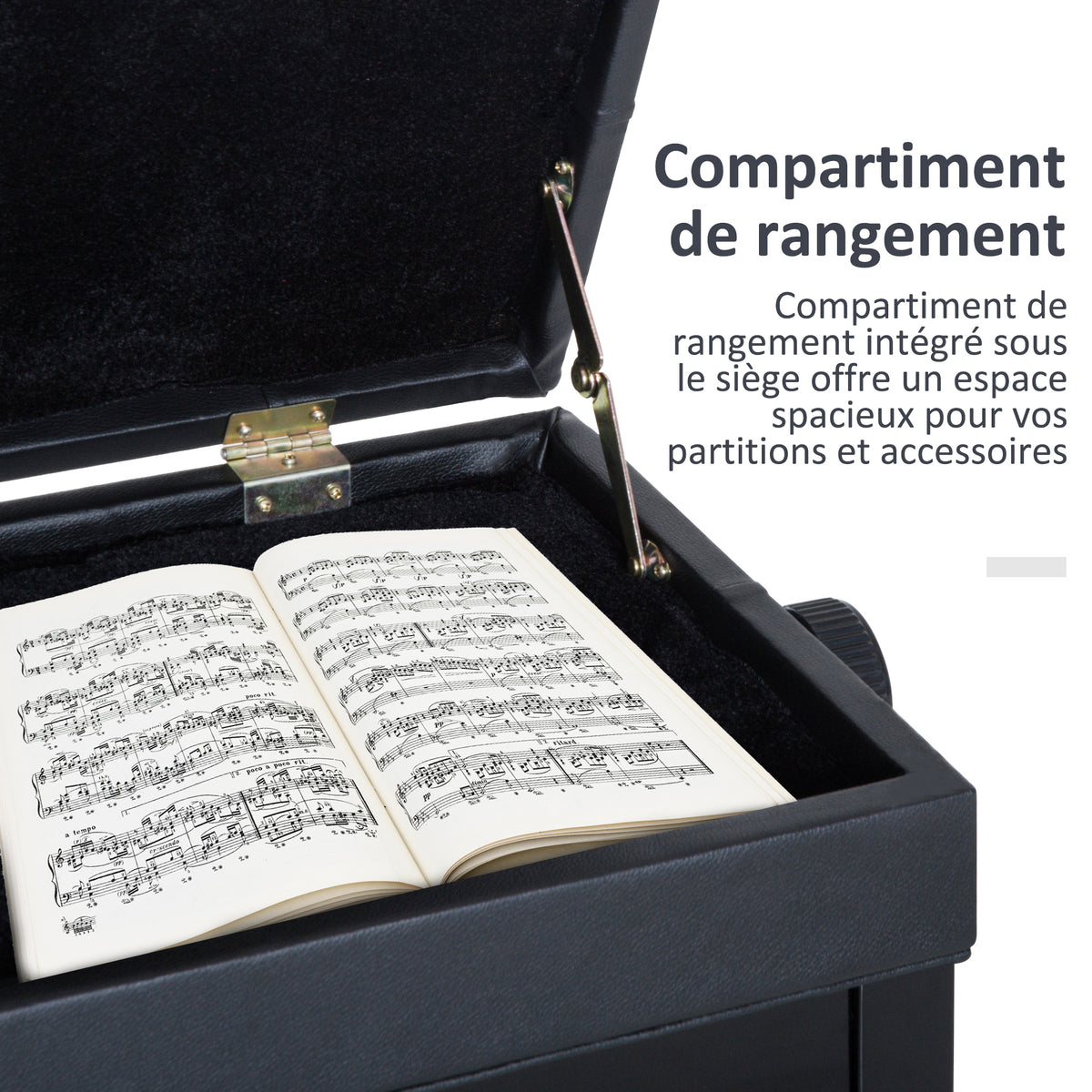 Banc piano, clavier haut. réglable bois massif, tabouret compartiment caché, siège rembourré charge 200kg, noir-4