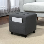 Repose pied salon, ottoman, siège rembourré capitonné en tissu aspect lin avec poche latérale, 35 x 35 x 35 cm, gris-1