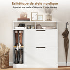 Meuble à chaussures, armoire à chaussures, 2 tiroirs rabattables, compartiments ouverts et étagère réglable, blanc-6