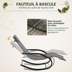 Chaise longue à bascule rocking chair ergonomique avec tétière accoudoirs métal galvanisé textilène Gris-3
