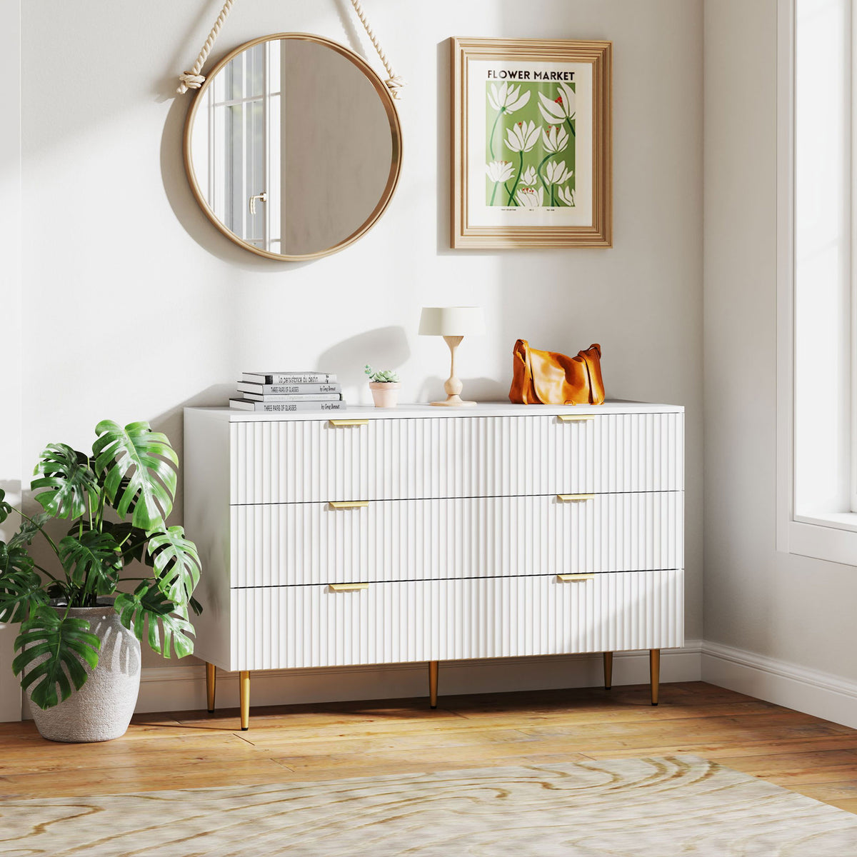Commode 6 tiroirs commode chambre meuble de rangement moderne avec poignées et pieds dorés, 120 x 40 x 76,5 cm, blanc-1