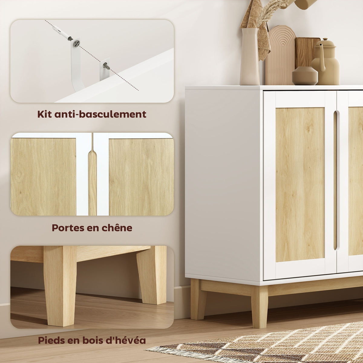 Buffet, meuble de rangement avec 2 portes et 4 tiroirs, étagère réglable, 120 x 40 x 86 cm, blanc et chêne-6