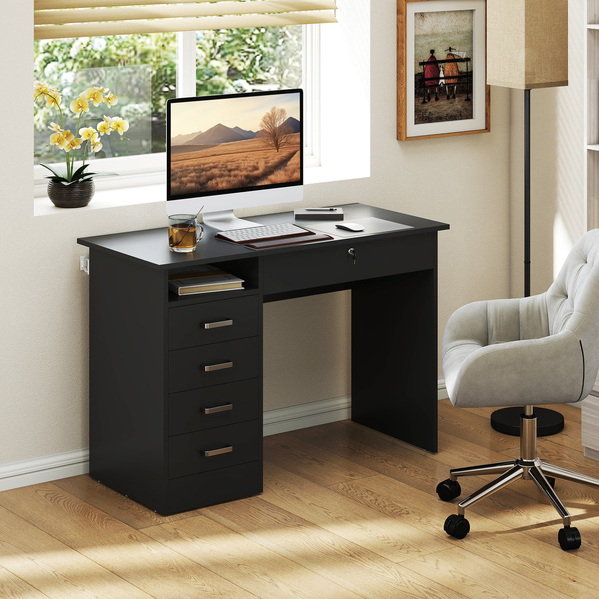 Bureau moderne avec 5 tiroirs, grand plateau, 1 compartiment ouvert, tiroir verrouillable, 110 x 50 x 76cm, noir-7