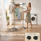 Séchoir à linge pliable 4 niveaux avec roulettes, étendoir linge intérieur avec ailes latérales, cadre en acier, gris-4