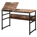 Table à dessin inclinable bureau informatique design industriel - plateau relevable, étagère - panneaux particules aspect vieux bois métal noir-0