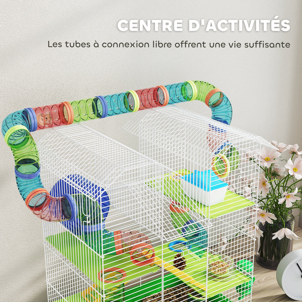 Cage pour hamster souris petit animaux rongeur avec tunnel mangeoire roue jouet 47 x 30 x 59 cm vert-6