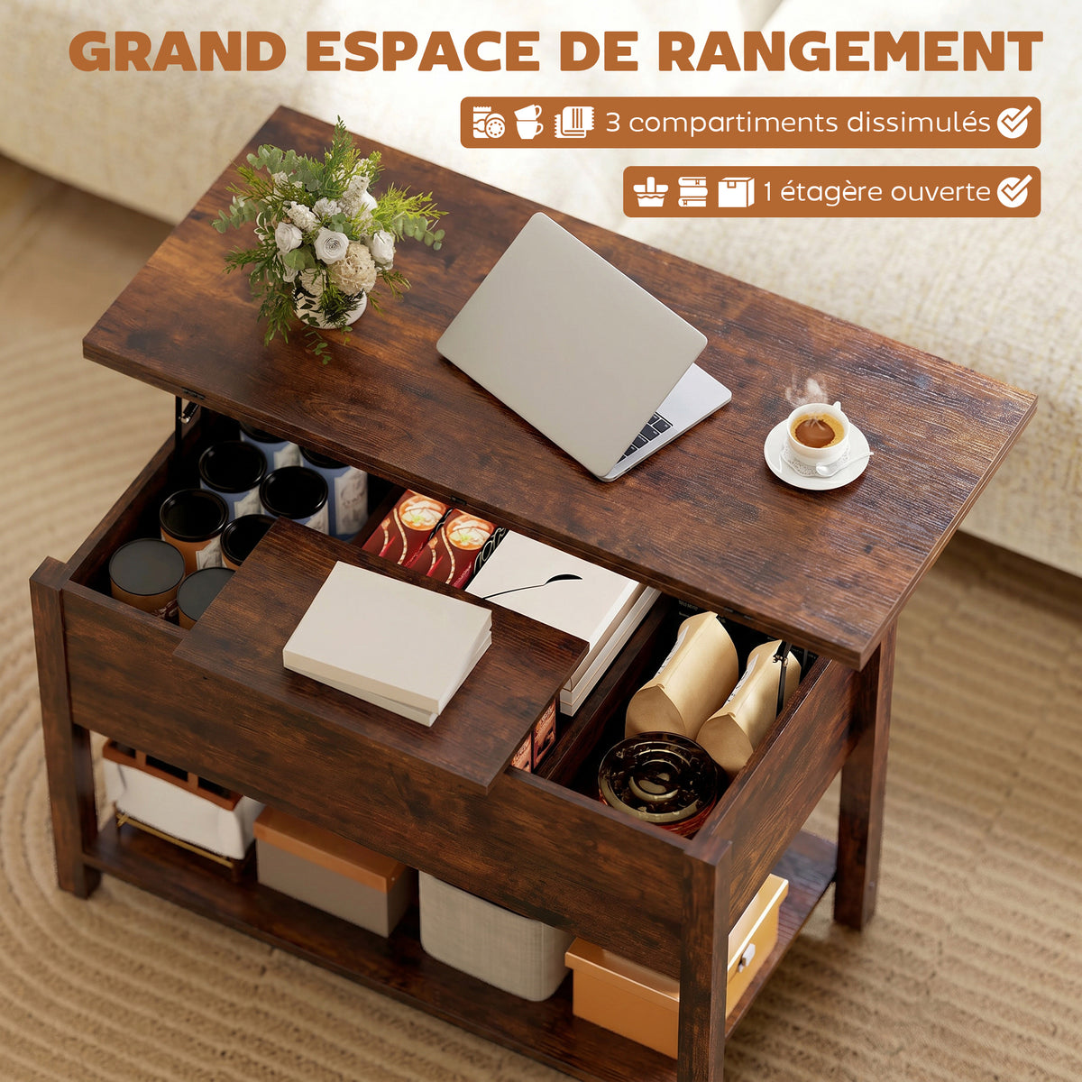 Table basse relevable et extensible table de salon avec compartiment caché étagère ouverte 100x45x50,5cm brun rustique-4