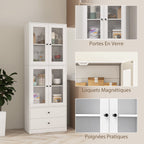 Buffet haut cuisine, armoire de cuisine avec portes vitrées, tiroirs et étagères réglables, 59x30x170cm, blanc brillant-6