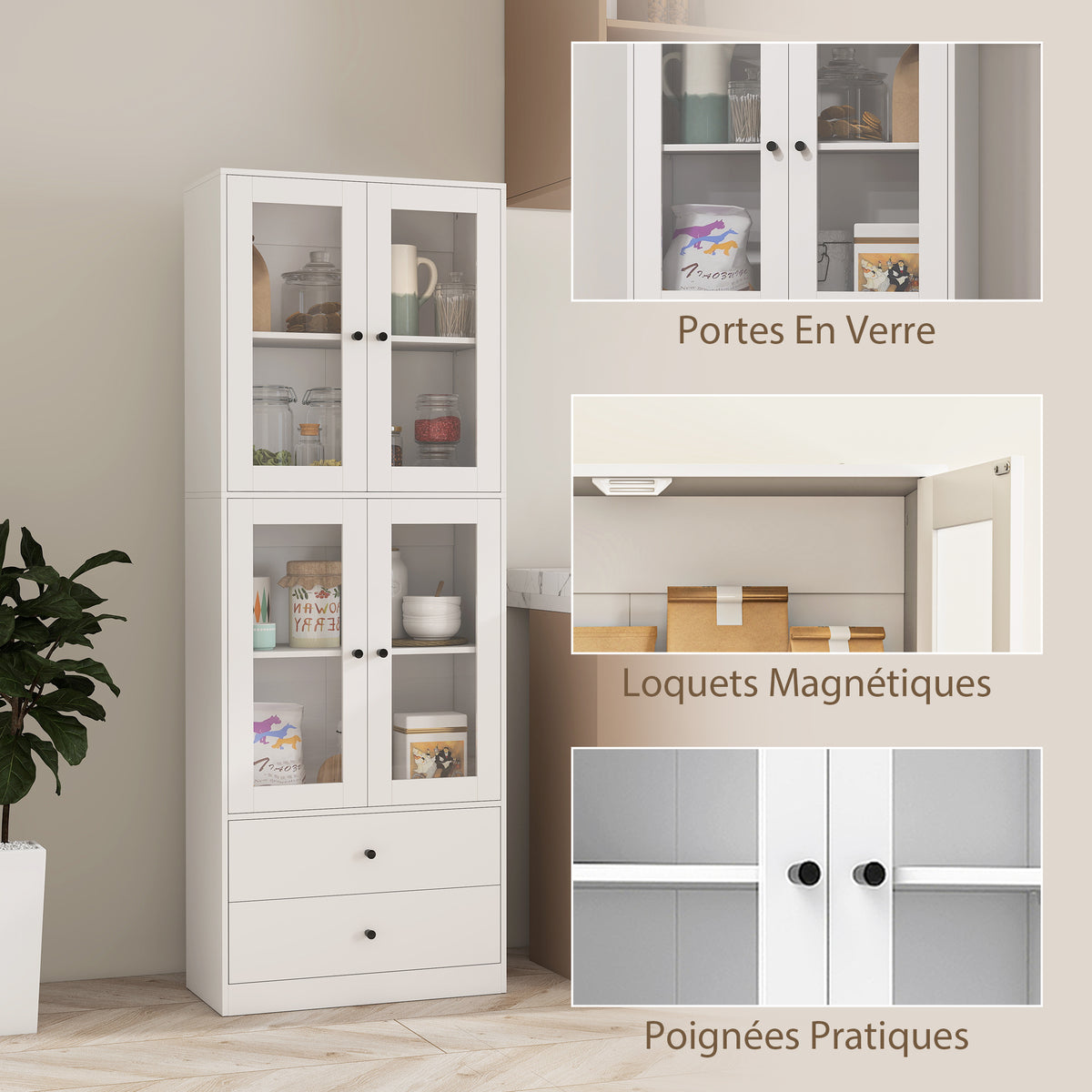 Buffet haut cuisine, armoire de cuisine avec portes vitrées, tiroirs et étagères réglables, 59x30x170cm, blanc brillant-6